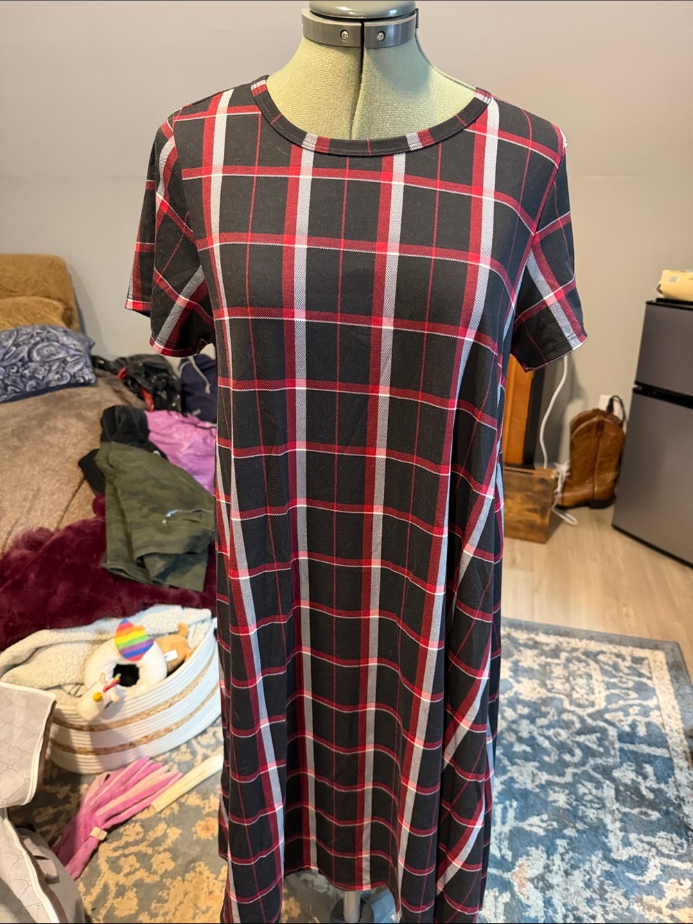 LuLaRoe Carly Black Plaid Short-Sleeve High-Low Dress with Red and White Stripes